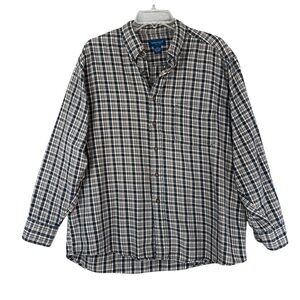 TOWNCRAFT Men's Plaid Flannel Button Down Collared Cotton Blue Size Large FLAW